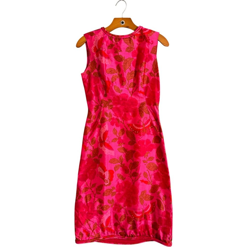 Vintage Star of Siam Pink Floral Silk Midi Sheath Dress Thai Butterfly XS